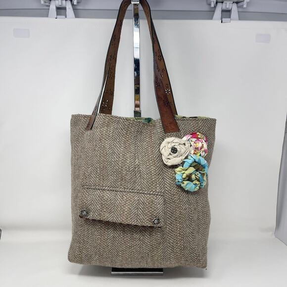 Y2K Handmade Reversible Tote Bag Brown Tweed Blue Flowers Buttons Leather Belt - Picture 1 of 14